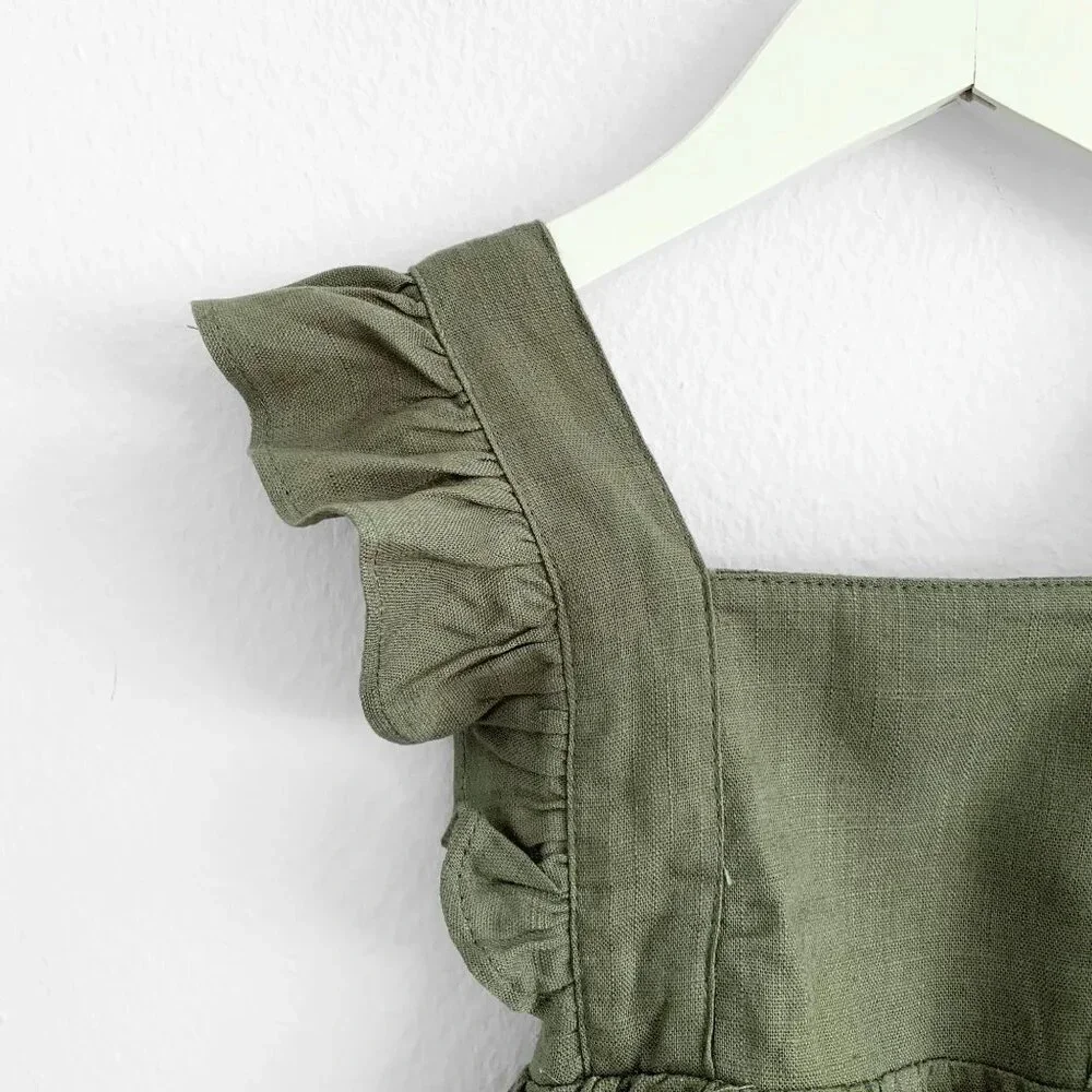 NWT Pretty Baby Girls Linen Romper Bubble Bohemian Boutique Olive Green 6-9M